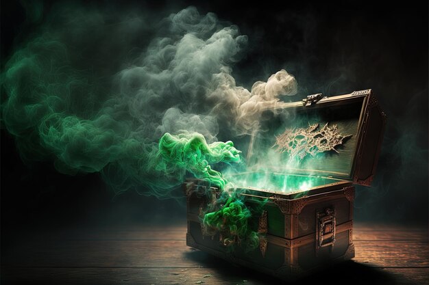 Abra la caja de pandora con humo verde sobre un fondo de madera Ilustración digital AI