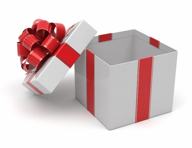 Abra la caja de regalo con el arco rojo y de plata