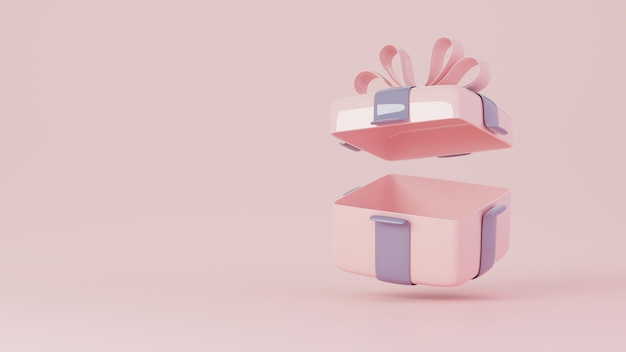 Abra la caja de regalo cuadrada vacía en el podio rosa brillante con espacio de copia 3D Rendering