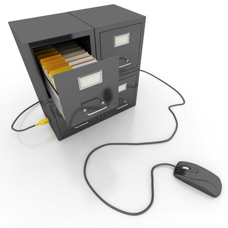 Foto abra el cajón del archivador conectado a un mouse de computadora