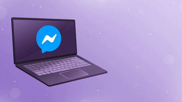 Abra la computadora portátil con el logotipo del icono de messenger en la pantalla 3d