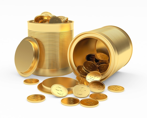 Abra latas de ouro com moedas