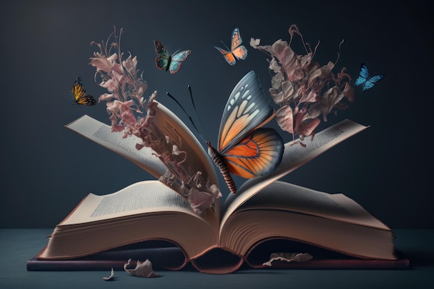 Abra el libro mágico de fantasía con luces y muchas mariposas AI Generativo