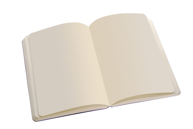 Abra o caderno com páginas em branco. Isolado em um fundo branco. Corte usando um caminho. Profundidade de campo total ...