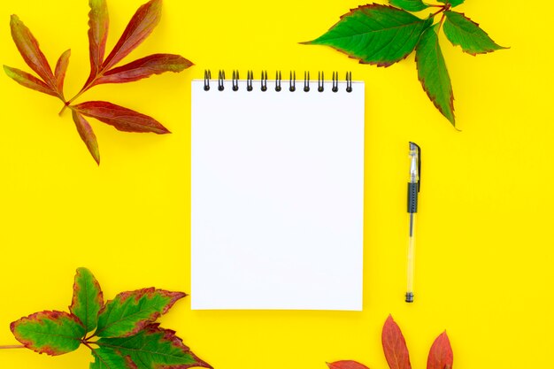 Abra o caderno vazio com uma caneta em um amarelo