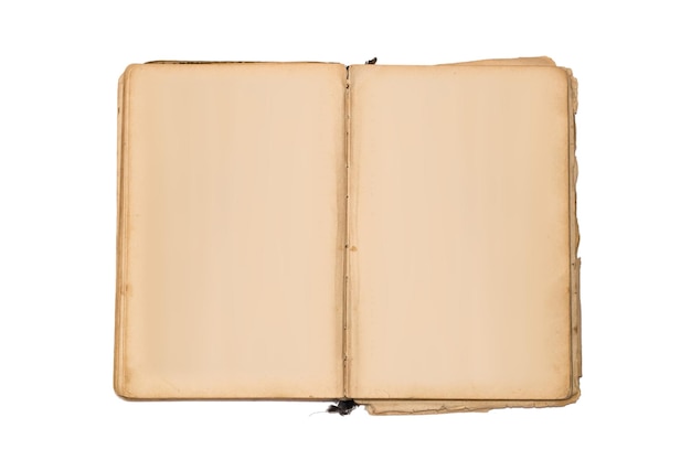 Abra o livro antigo isolado do livro antigo com p manchado amarelo em branco
