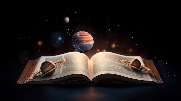 Abra o livro com planetas e estrelas no espaço generativo ai