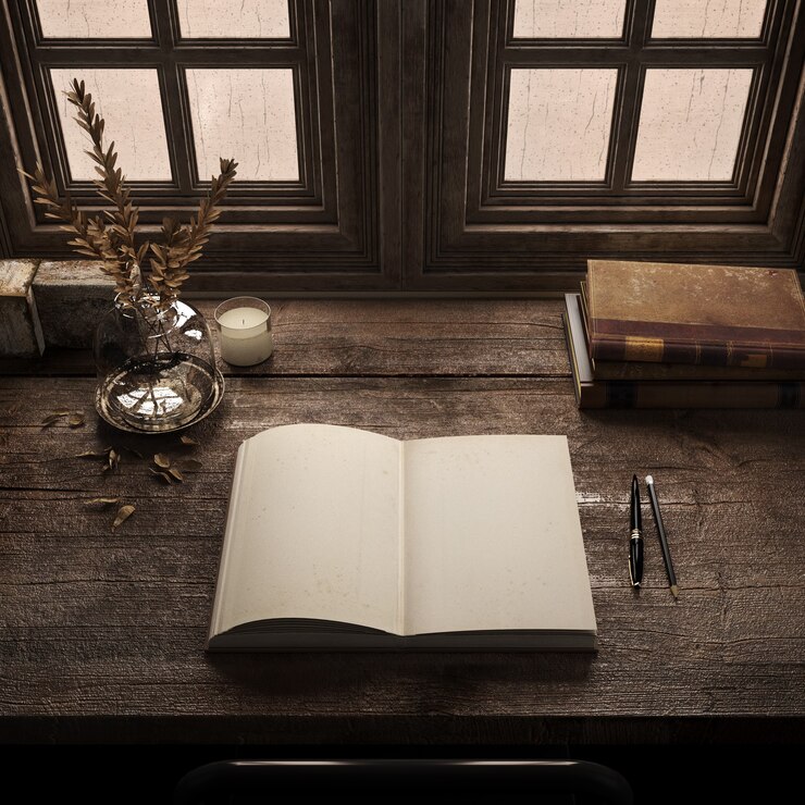 Foto abra o livro vazio na mesa de madeira em um quarto antigo com livros antigos mesa de escritores retrô
