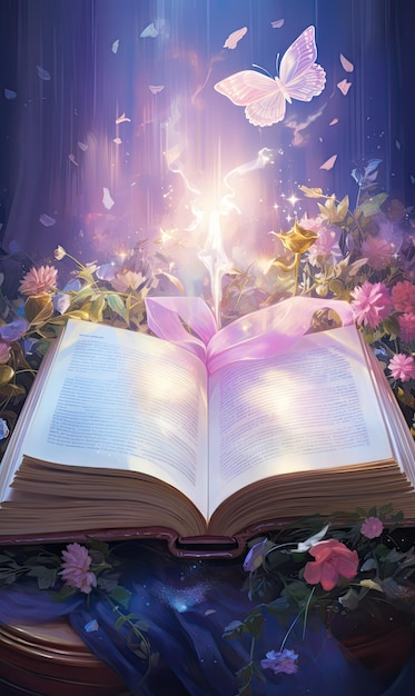Abra um livro de feitiços mágicos com borboletas de fada e luz mágica em cores pastel.