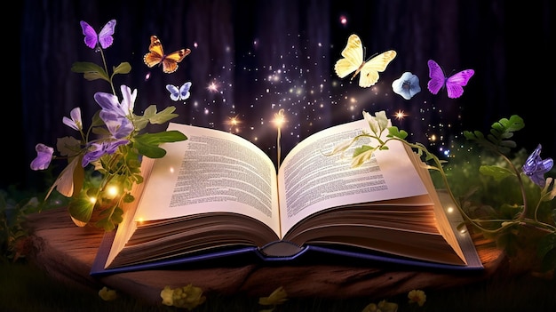 Abra um livro mágico com luzes crescentes pó mágico