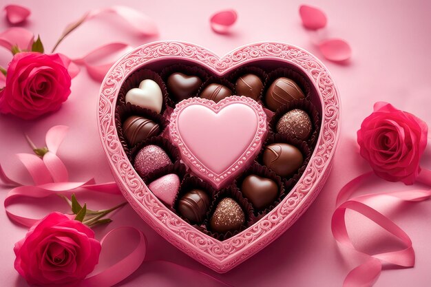Abra uma caixa em forma de coração com doces de chocolate e rosas em um fundo rosa.