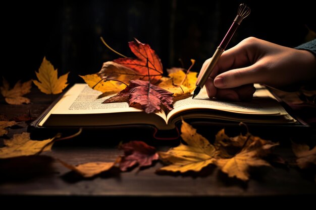Abraçando a criatividade em meio às folhas de outono caídas com lápis de mão e livro aberto A Cativante 3
