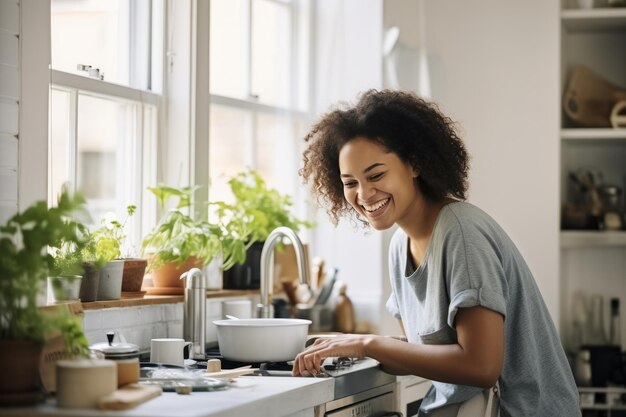 Abraçando a diversidade A alegre jornada de uma mulher birracial preparando o café da manhã em sua cozinha