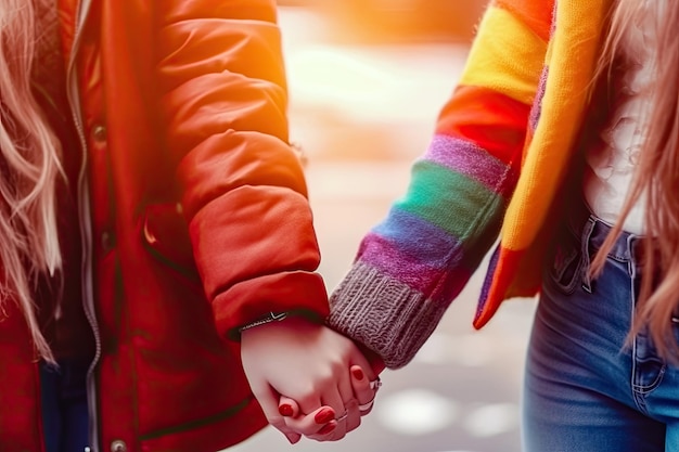 Abraçando a diversidade Duas meninas de mãos dadas Celebrando a comunidade LGBT IA generativa