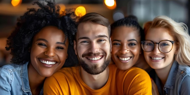 Abraçando a diversidade Equipe de negócios sorrindo e abraçando no escritório moderno durante o intervalo Conceito Diversidade no local de trabalho Construção de equipe Horário de intervalo de escritório moderno Sorri e abraço