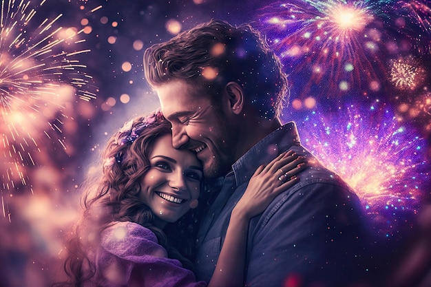 Abraçando a felicidade jovem casal enquanto fogos de artifício colorem o céu