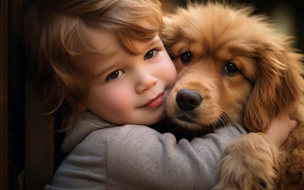 Abraçando a inocência O abraço carinhoso de uma criança em um cachorrinho