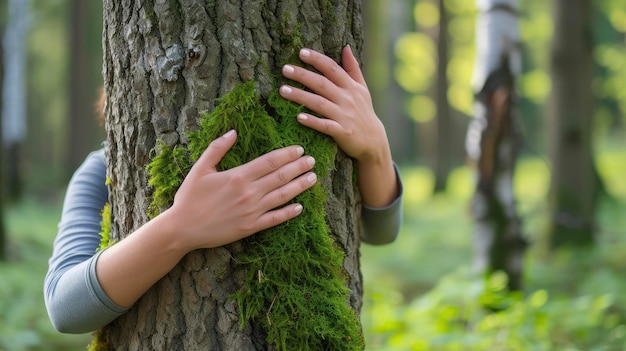Abraçando a Natureza Mãos de um amante da natureza Abraçado um tronco de árvore coberto de musgo verde contra um fundo de floresta exuberante