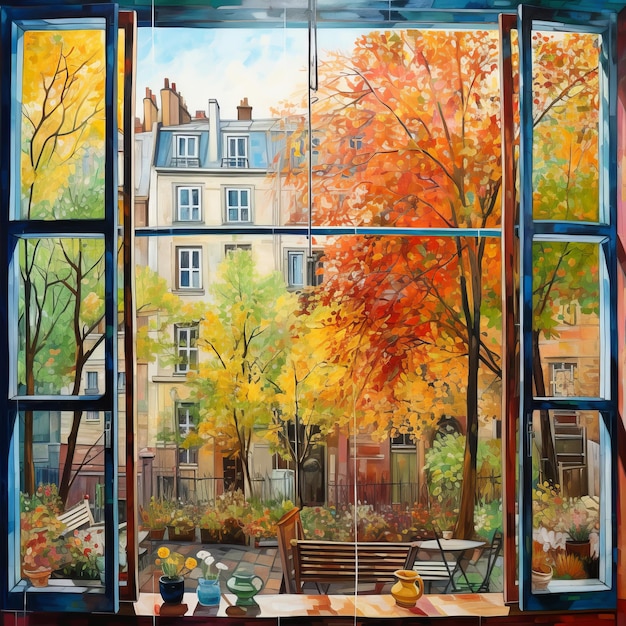 Abraçando a paleta vibrante do outono Uma viagem deliciosa através das grandes janelas de vidro do bairro e