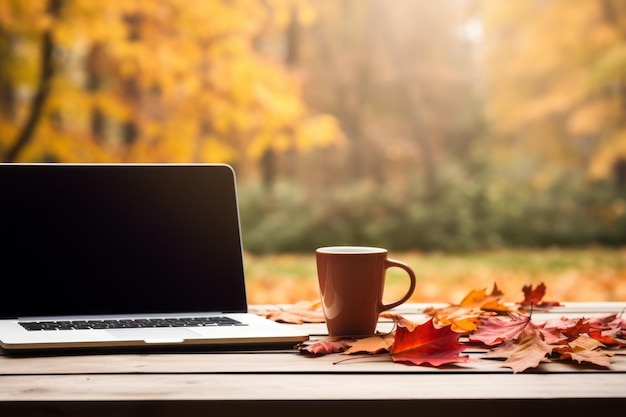 Abraçando a Serenidade Um ambiente aconchegante de outono com um portátil aberto Folhas de mesa de madeira e uma caneca