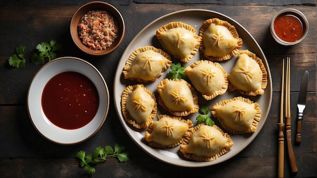 Foto abraçando a tradição visão horizontal de prato de estilo rústico com empanadas e molho tradicionais