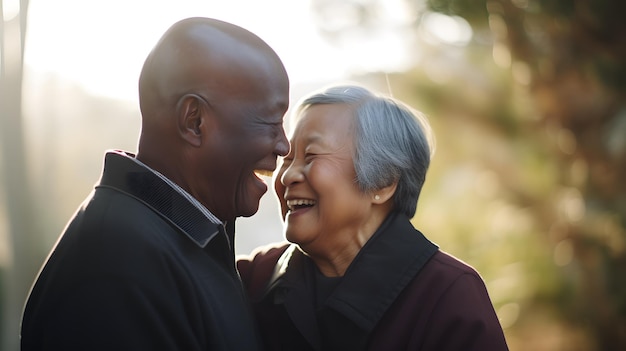 Abraçando a viagem da vida Os sorrisos compartilhados do casal idoso evocam admiração