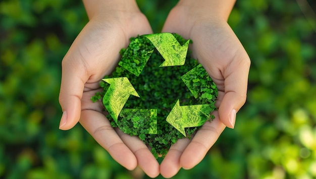 Abraçando as mãos da sustentabilidade segurando um símbolo de reciclagem de folhas verdes simbolizando o verde