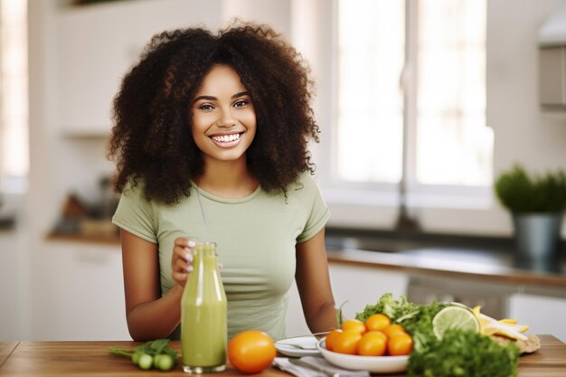 Abraçando o bem-estar Mulher negra vibrante desfruta de uma refeição nutritiva com energia alegre, enfatizando Nutr