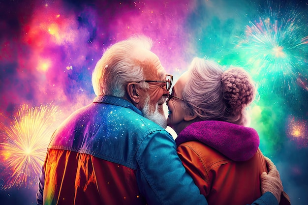Foto abraçando o casal sênior de felicidade enquanto fogos de artifício colorem o céu