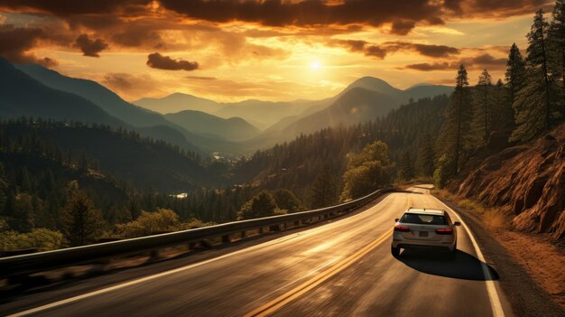 Foto abraçando o majestoso e hipnotizante pôr-do-sol em estradas de montanha, revelando a arte da natureza