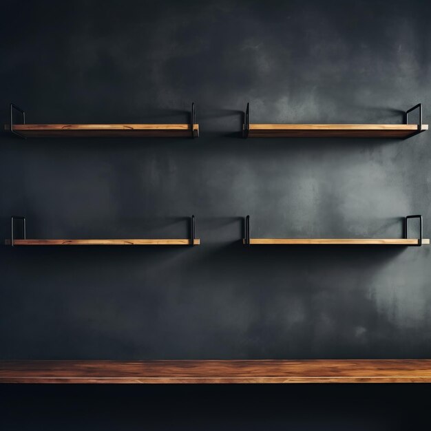 Foto abraçando o minimalismo moderno hipsterstyle parede escura com prateleiras de madeira igualmente espaçadas