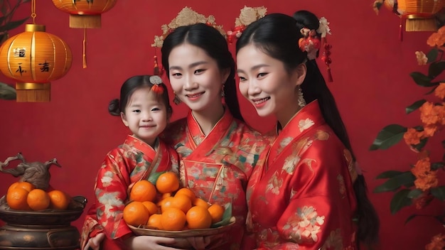 Abraçando sorrindo segurando mandarinas feliz ano novo chinês 2024