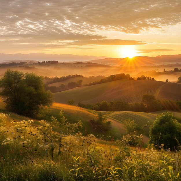 Foto abraçar novos começos um amanhecer sereno sobre as colinas do campo natureza graça matinal