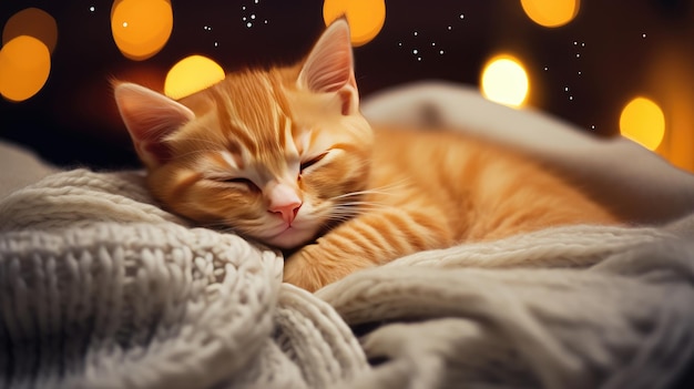 Abraçar o espírito aconchegante de um dia de inverno em casa com um gatinho recém-nascido de gengibre em uma roupa festiva de Natal tomando uma soneca sob um cobertor macio