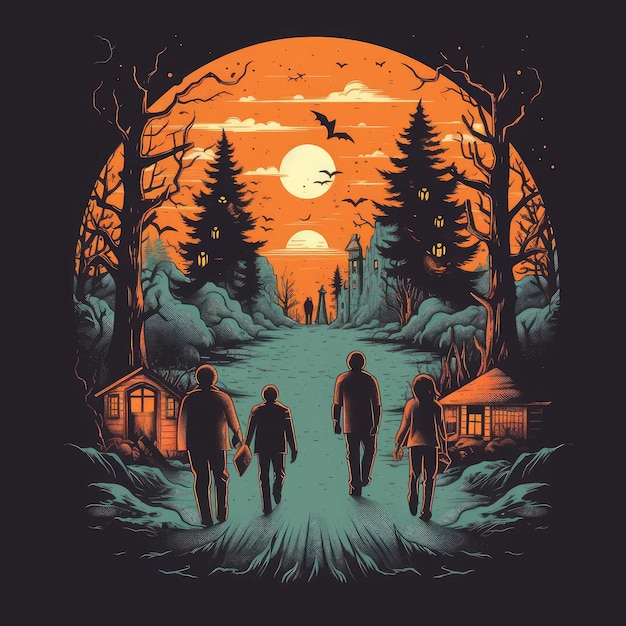 Foto abraçar temas clássicos de terror como zumbis, fantasmas e vampiros, design profissional de camisetas coloridas de halloween gerado pela ia