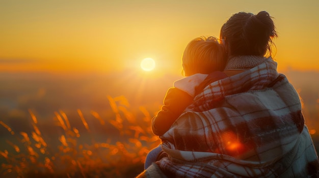 Foto abraço caloroso ao pôr-do-sol mãe e filho desfrutando de uma hora de ouro serena