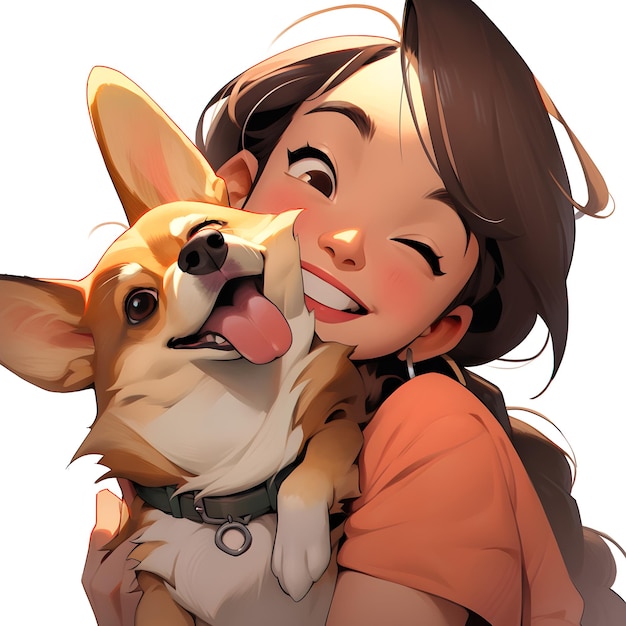 abraço caloroso entre uma menina e um estilo anime de retrato de cachorro corgi