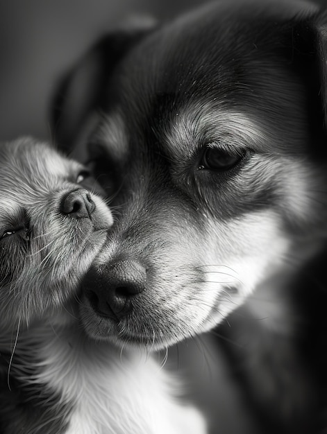 Abraço canino terno em preto e branco Pai e filhote compartilham momento terno em branco e pretoxA