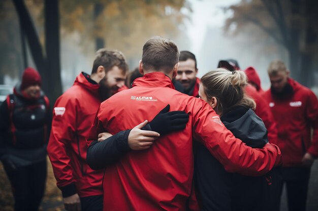 Abraço em grupo em um evento de corrida ou caminhada de caridade