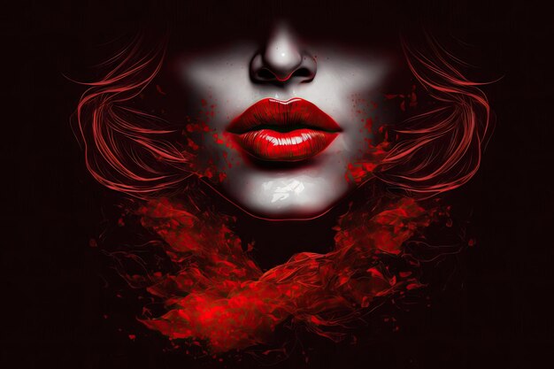 Abraço romântico lábios femininos vermelhos com fundo escuro criado com generative ai