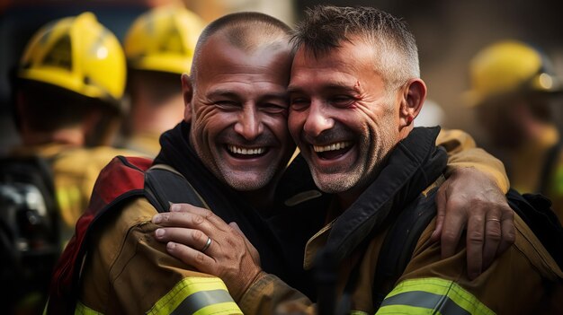 Foto abraços e verdadeiros sentimentos de alegria entre os bombeiros que salvaram o dia.