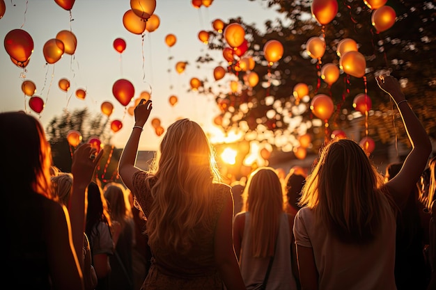 Abraços sob o sol, balões coloridos: felicidade compartilhada, ia generativa