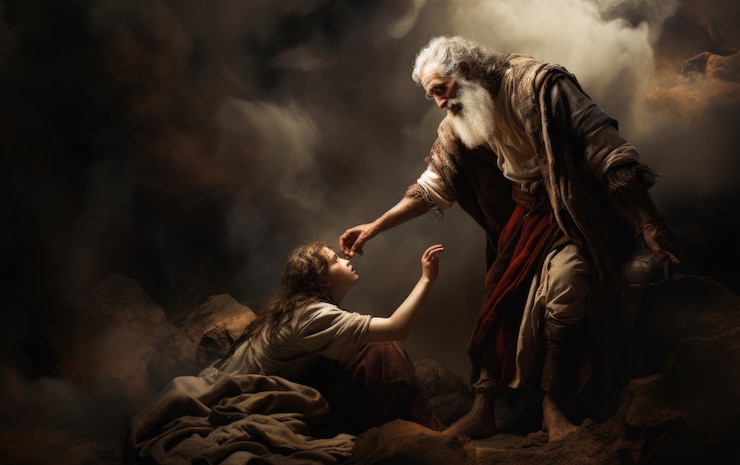 Foto abrahamische prozessgeschichte des opferversuchs abrahams tiefgreifender test des glaubens gehorsam beim opfer von isaak an gott auf dem berg moriah entwirrende göttliche erzählung von hingabe und providenzieller intervention