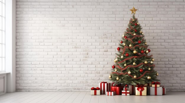Abraza el encanto atemporal de la Navidad con un árbol de Navidad tradicional contra una pared de ladrillo blanco La elegancia clásica se encuentra con la celebración de las fiestas