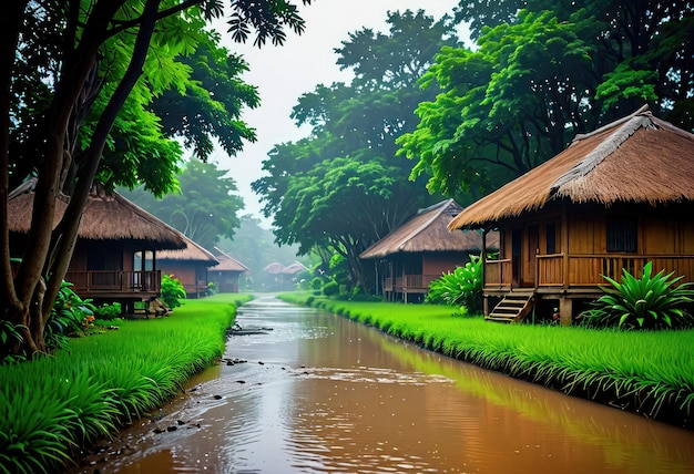 Abraza la tranquila belleza de la naturaleza del pueblo durante la temporada de lluvias adornada con exuberante vegetación
