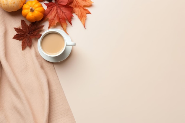 Abraza las vibraciones de otoño en tu oficina en casa Una acogedora vista de arriba con teclado taza de café palitos de canela