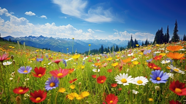 Abraza la vibrante belleza de un colorido paisaje de prados de flores bajo un cielo azul en verano