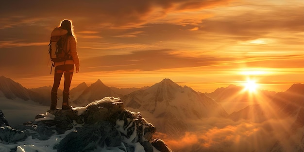 Abrazando el amanecer Una mujer exitosa39s Triunfo en un pico de montaña Concepto Historias de éxito Aventuras al aire libre Alpinismo Fotografía de amanecer Empoderamiento femenino