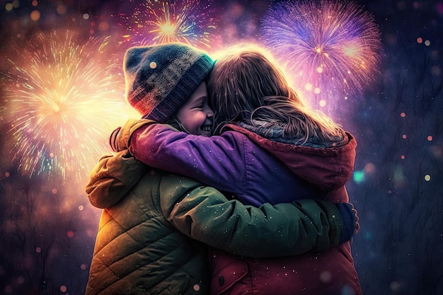 Abrazando a amigos jóvenes felices mientras los fuegos artificiales colorean el cielo