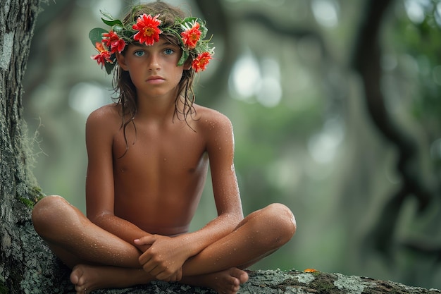 Abrazando la belleza de la naturaleza Hombre asiático con corona de flores